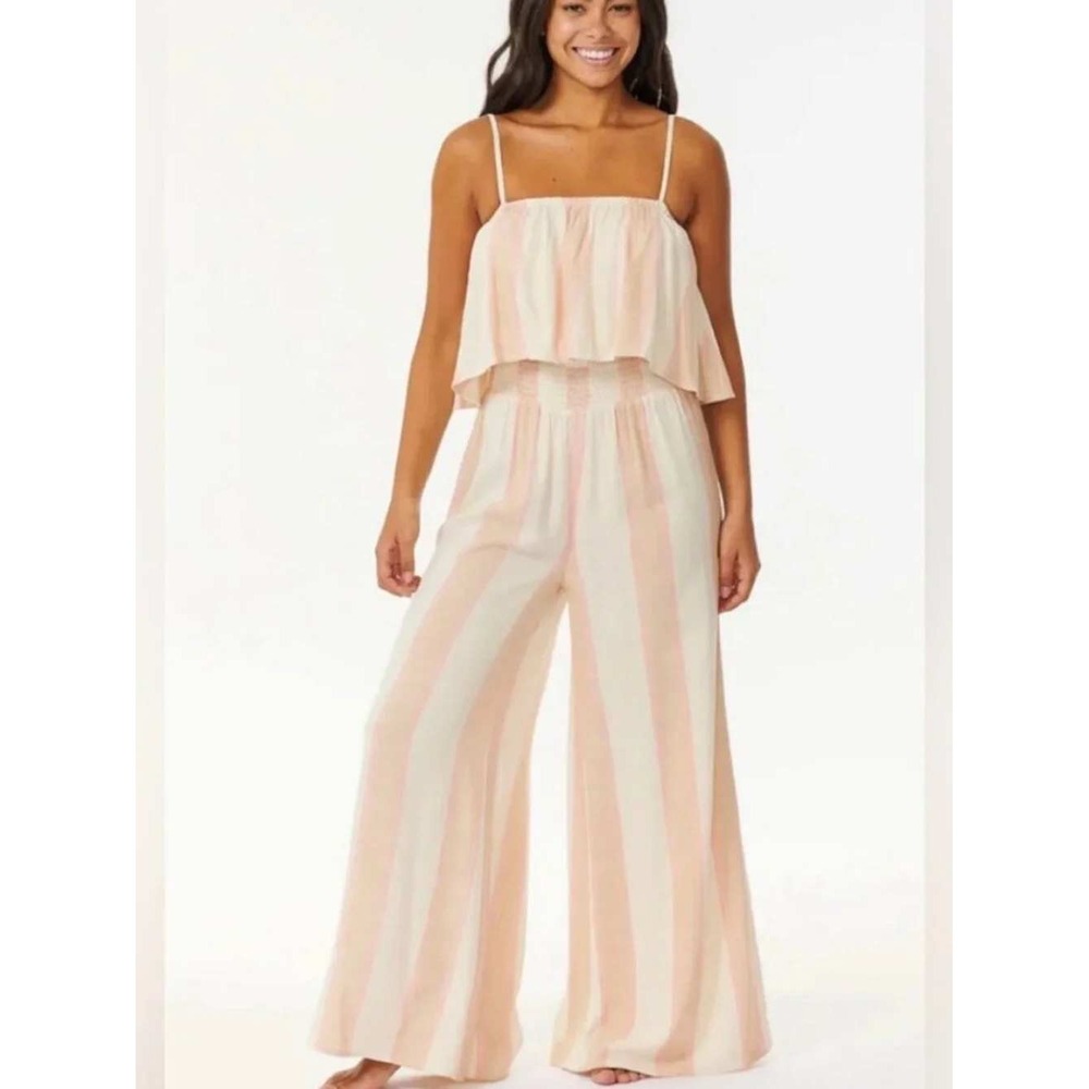 Rip Curl La Quinta Womens Striped Wide Leg Jumpsuit Pink Tan Smocked Waist M